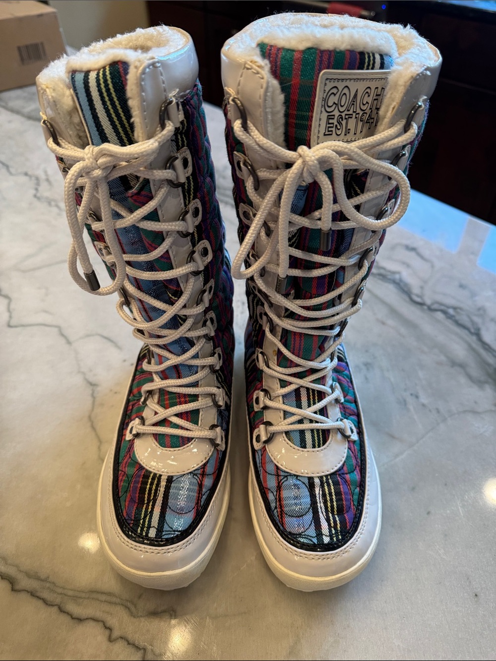 Coach Multicolor Striped Lace-Up Winter Boots with White Trim